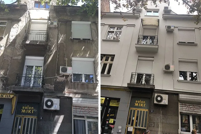 Fasada stambene zgrade u Beogradu pre i posle obnove — Adaptera
